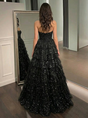 Sequin Strapless Layered Prom Dresses Maxi Evening Party Gowns