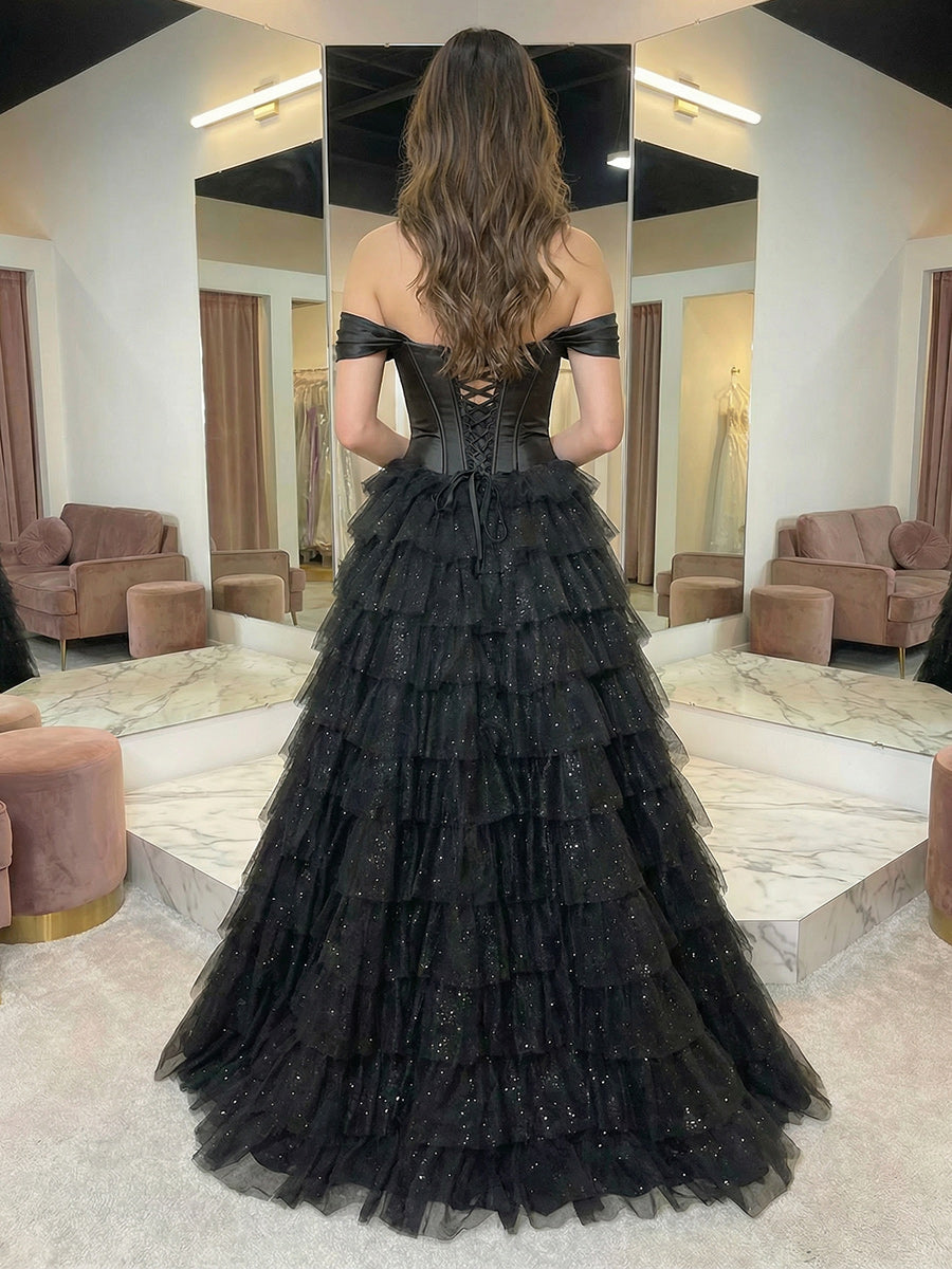 Sequin Off Shoulder Layered Prom Dresses Evening Party Gowns