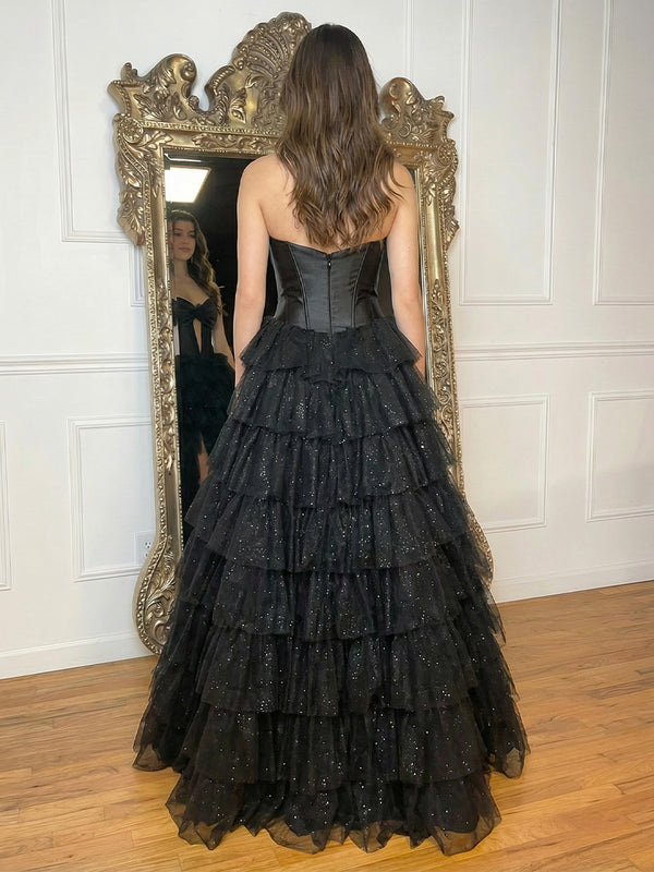 Sequin Strapless Layered Prom Dresses Evening Party Gowns