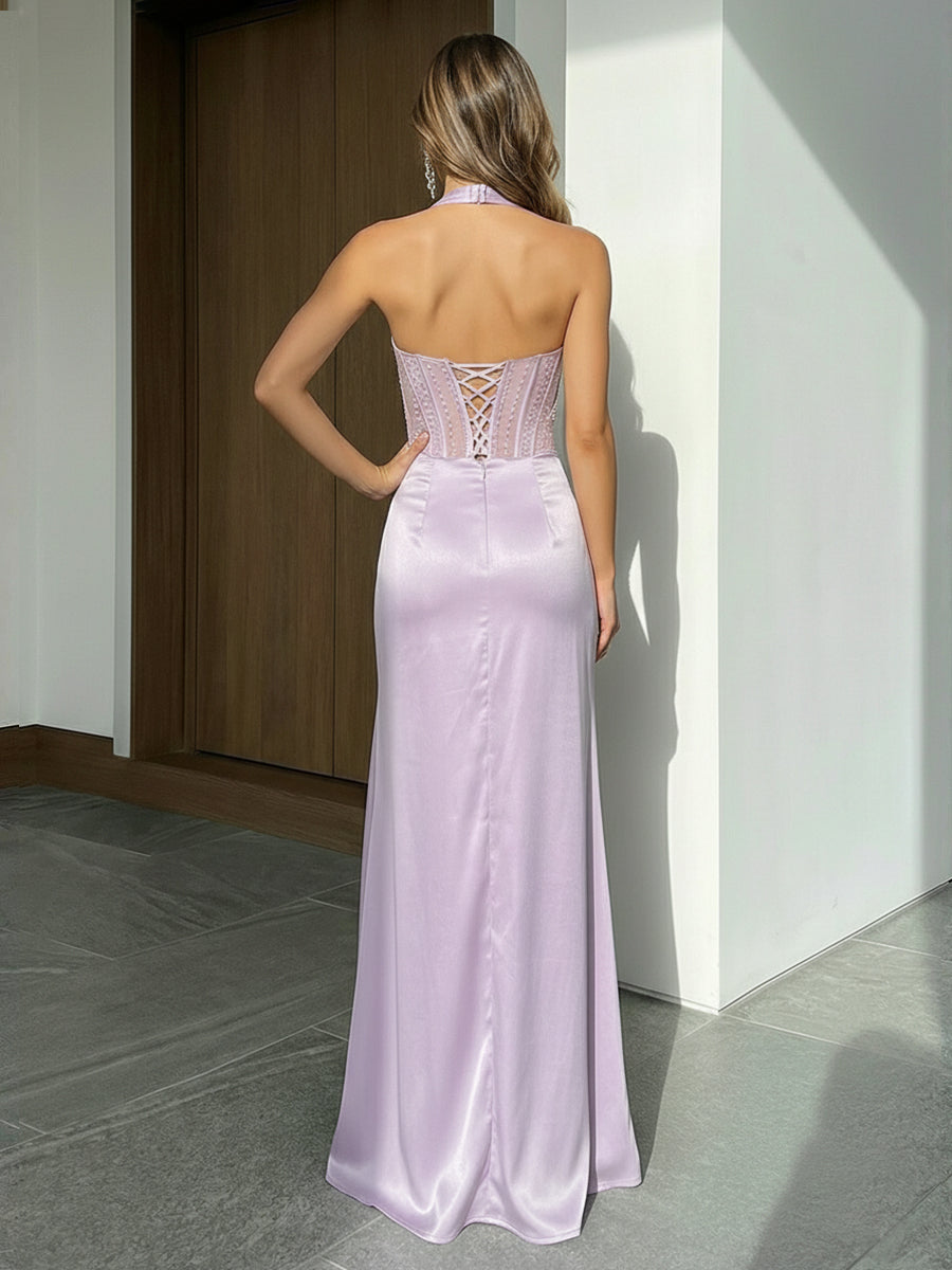 Halter Satin Prom Dresses Mermaid Evening Party Gowns