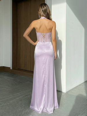 Halter Satin Prom Dresses Mermaid Evening Party Gowns
