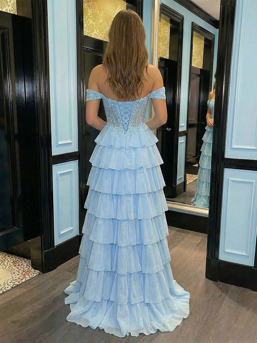 Chiffon Layered Prom Dresses Appliques Evening Party Gowns