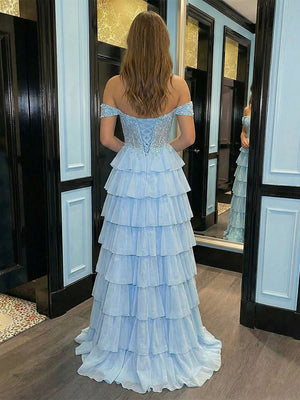 Chiffon Layered Prom Dresses Appliques Evening Party Gowns