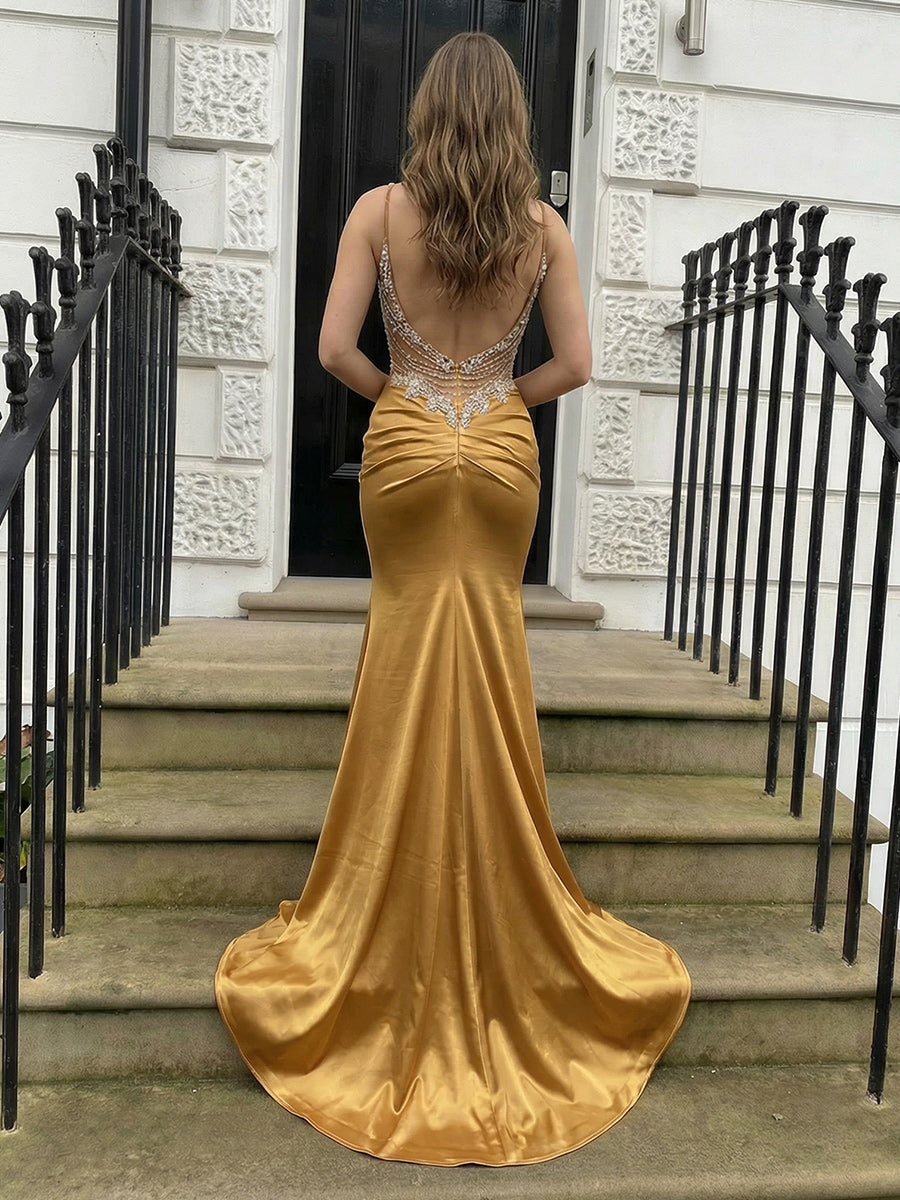 Spaghetti Straps Prom Dresses Beadings Evening Party Gowns