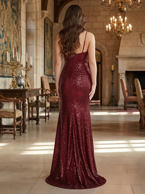 Sparkly Sequin Mermaid Prom Dresses with Deep V-Neck and Spaghetti Straps