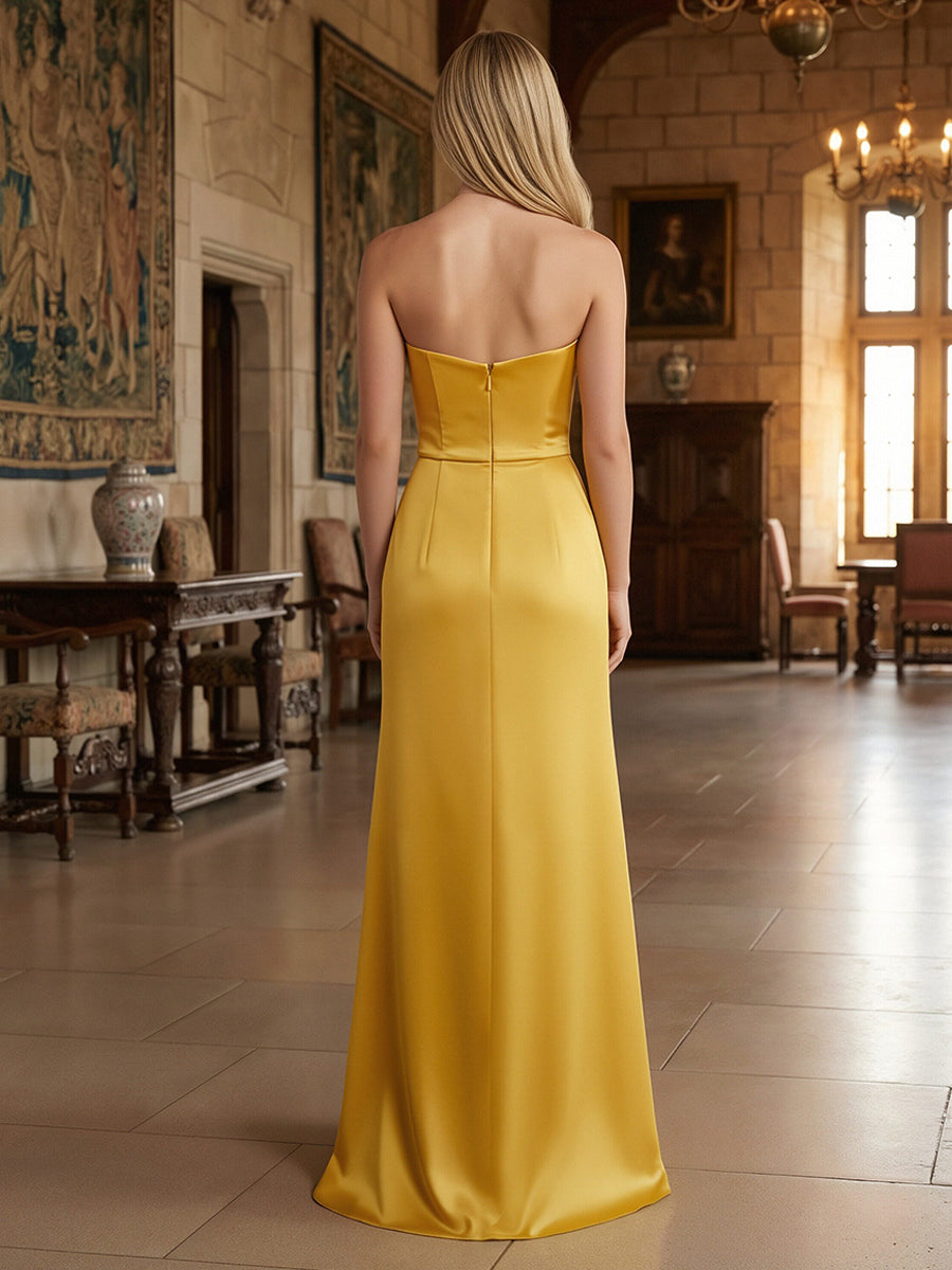 Strapless Satin Ruched Bodice Prom Dresses with Cascading Ruffle for Formal Evening Gowns