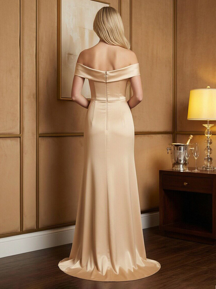 Off Shoulder Satin Ruched Bodice Prom Dresses for Evening Party Gowns with Sweep Train