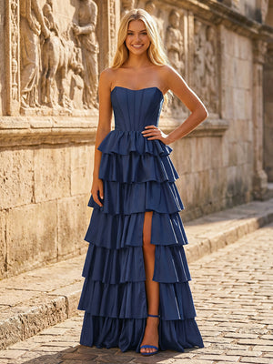 Strapless Satin Corset Bodice Tiered Ruffles Prom Dresses with Side Slit