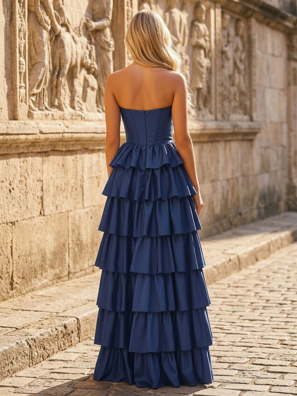 Strapless Satin Corset Bodice Tiered Ruffles Prom Dresses with Side Slit
