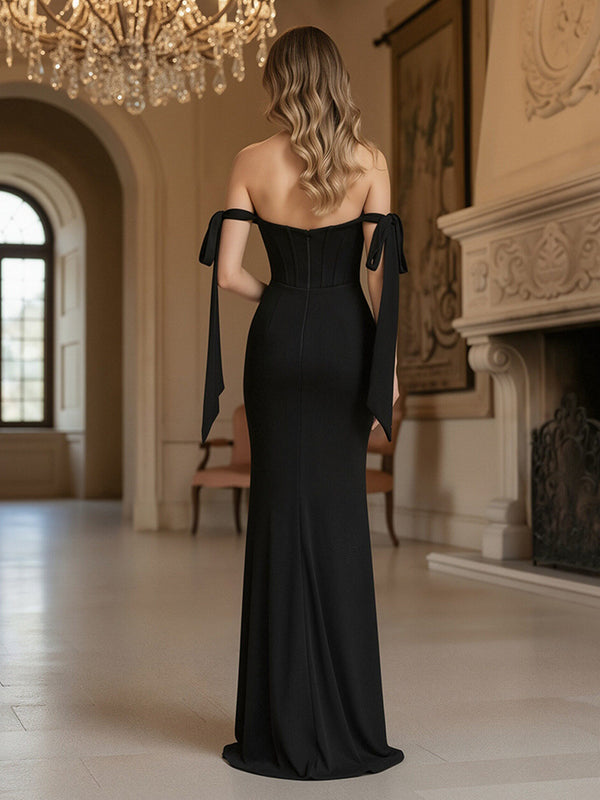 Off Shoulder Corset Bodice Sweetheart Stretch Crepe Prom Dresses with High Slit