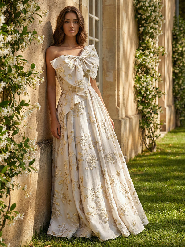A-Line Strapless Floral Jacquard Evening Dresses Maxi Ball Gowns with Oversized Bow