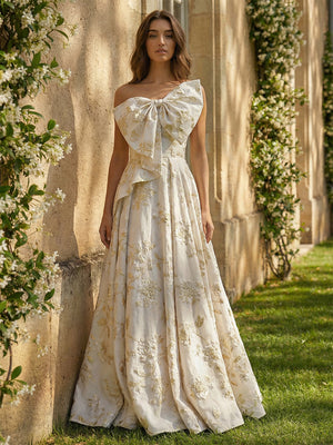 A-Line Strapless Floral Jacquard Prom Dresses Maxi Ball Gowns with Oversized Bow