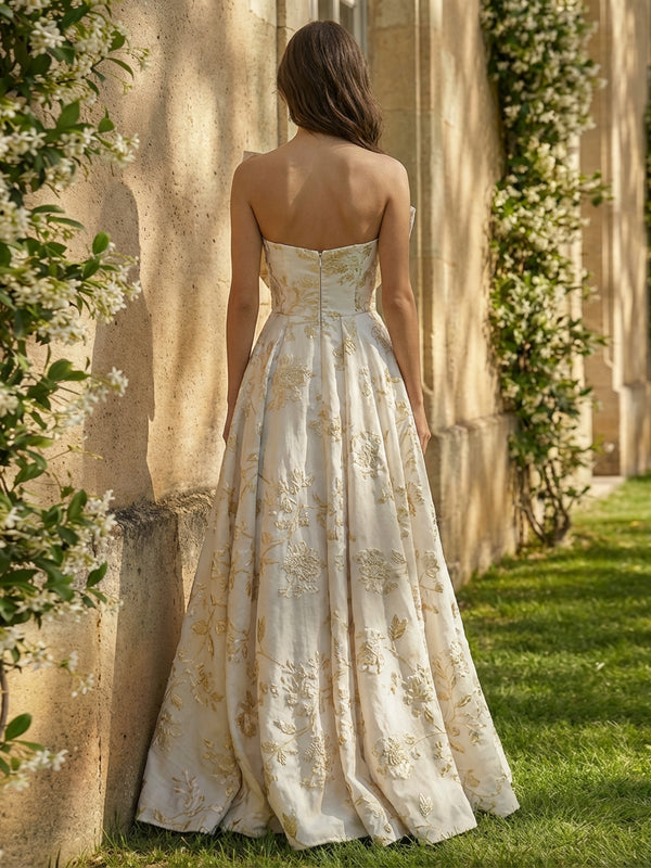 A-Line Strapless Floral Jacquard Prom Dresses Maxi Ball Gowns with Oversized Bow