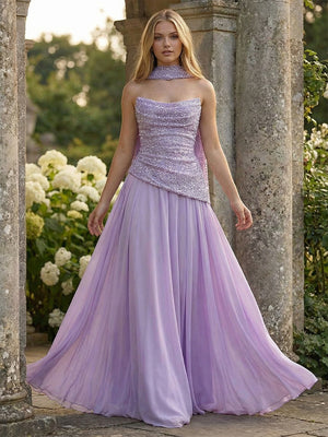 A-Line Strapless Chiffon Ruched Corset Prom Dresses Maxi Sequin Gowns with Scarf