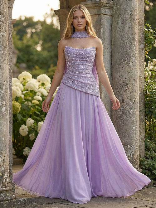 A-Line Strapless Chiffon Ruched Corset Prom Dresses Maxi Sequin Gowns with Scarf