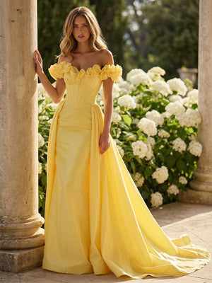 Off Shoulder 3D Floral Satin Prom Dresses Ruched Corset Maxi Garden Events Gown with Sweep Train