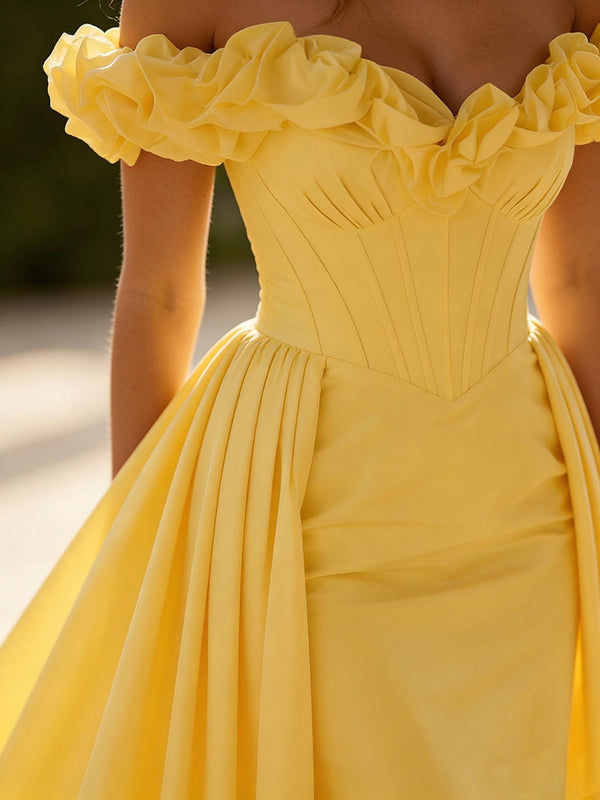 Off Shoulder 3D Floral Satin Formal Dresses Ruched Corset Maxi Garden Events Gown with Sweep Train