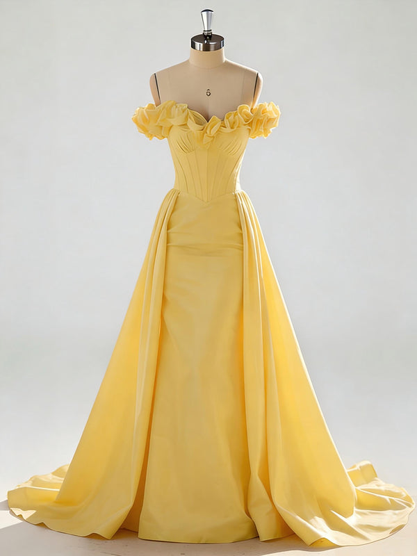 Off Shoulder 3D Floral Satin Formal Dresses Ruched Corset Maxi Garden Events Gown with Sweep Train