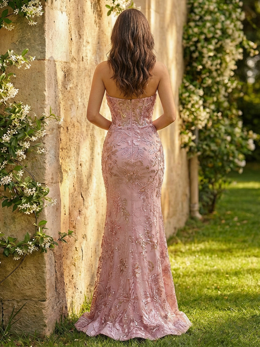 Sheath Strapless Floral Embroidered Tulle Evening Dresses Maxi Spring Dress with Slit
