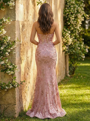 Sheath Strapless Floral Embroidered Tulle Prom Dresses Maxi Spring Dress with Slit