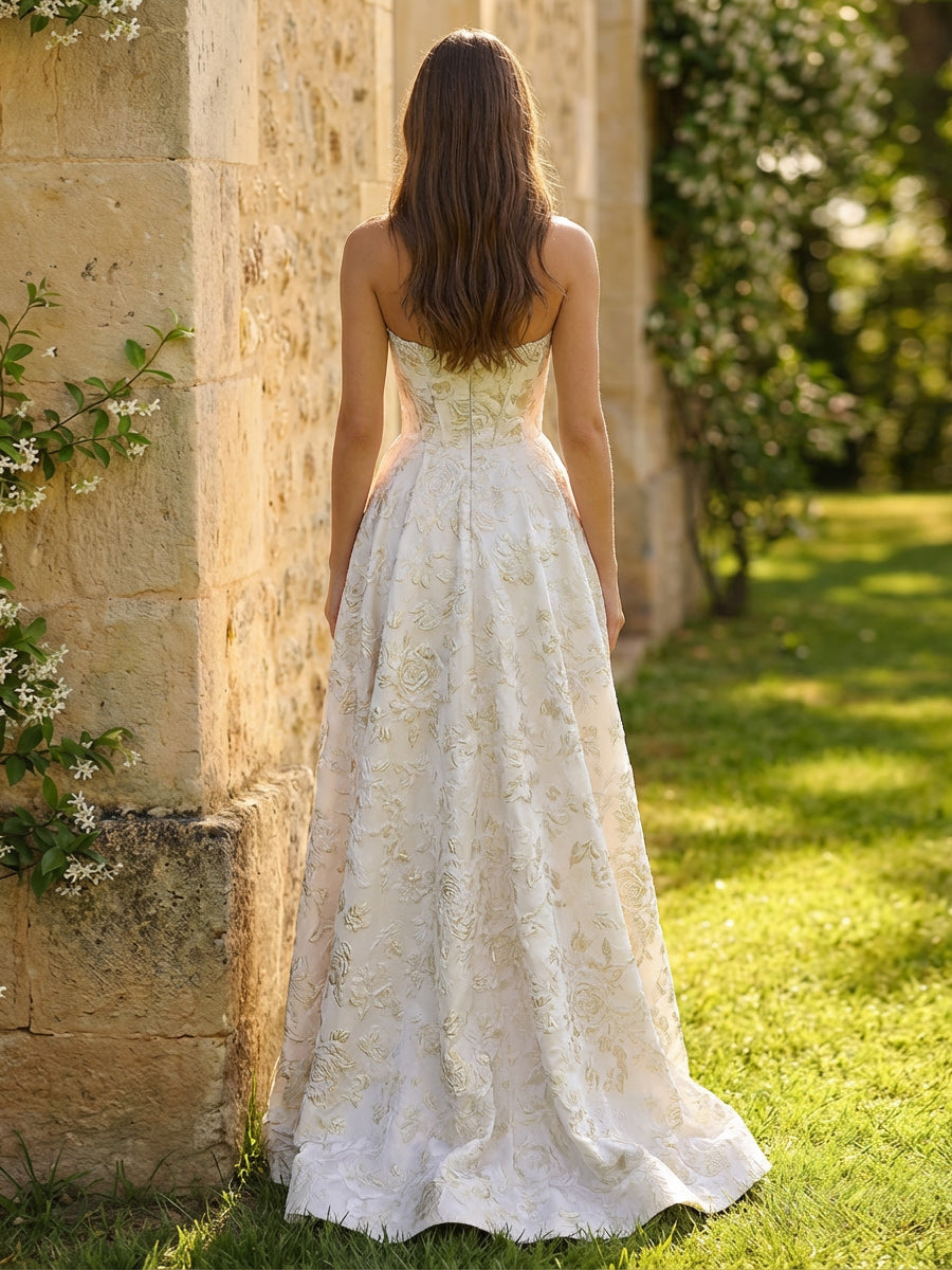 A-Line Sweetheart Floral Jacquard Evening Dresses Corset Cut-out Ball Gowns with Slit