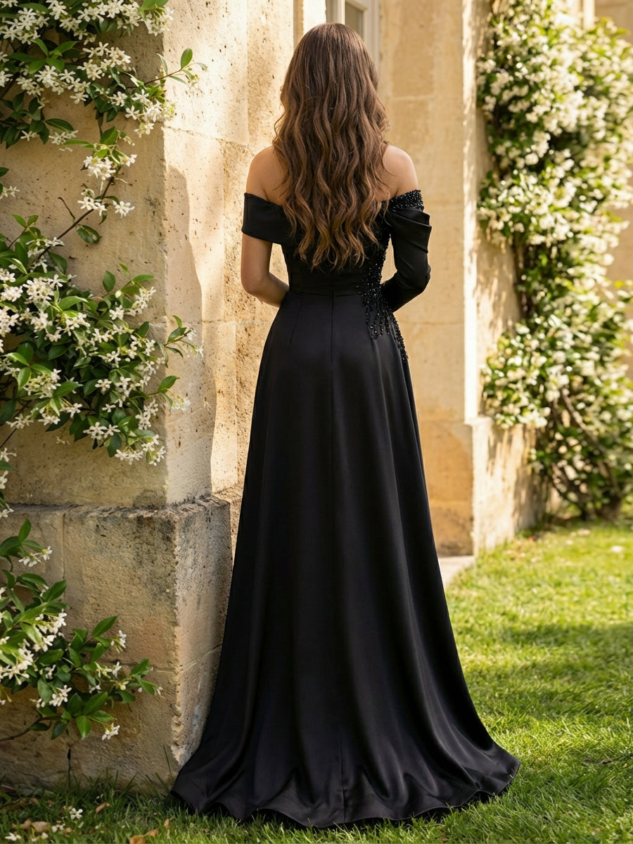 Sheath Satin Off Shoulder Ruched Waist Prom Dresses Maxi Black-Tie Luxury Gowns with Rhinestones & High Slit