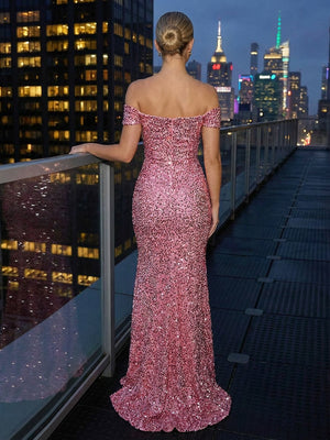 Sheath Sparkly Sequin Off Shoulder Sweetheart Prom Dresses Cut-out Maxi Evening Gowns with Slit