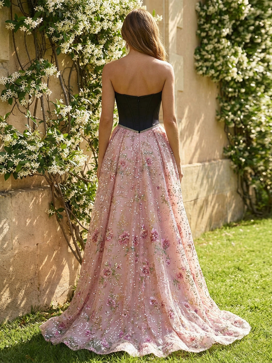 A-Line Tulle Prom Dresses Strapless Corset Bodice Maxi Ball Gowns with Floral Sequin Embroidery & Sweep Train