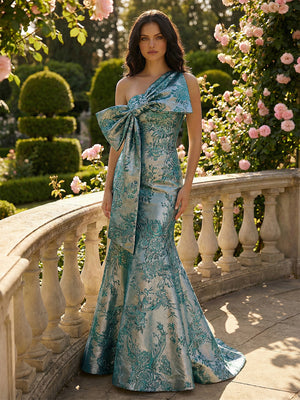 Mermaid Floral Jacquard One Shoulder Prom Dresses Maxi Formal Gowns with Oversized Bow