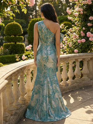 Mermaid Floral Jacquard One Shoulder Prom Dresses Maxi Formal Gowns with Oversized Bow