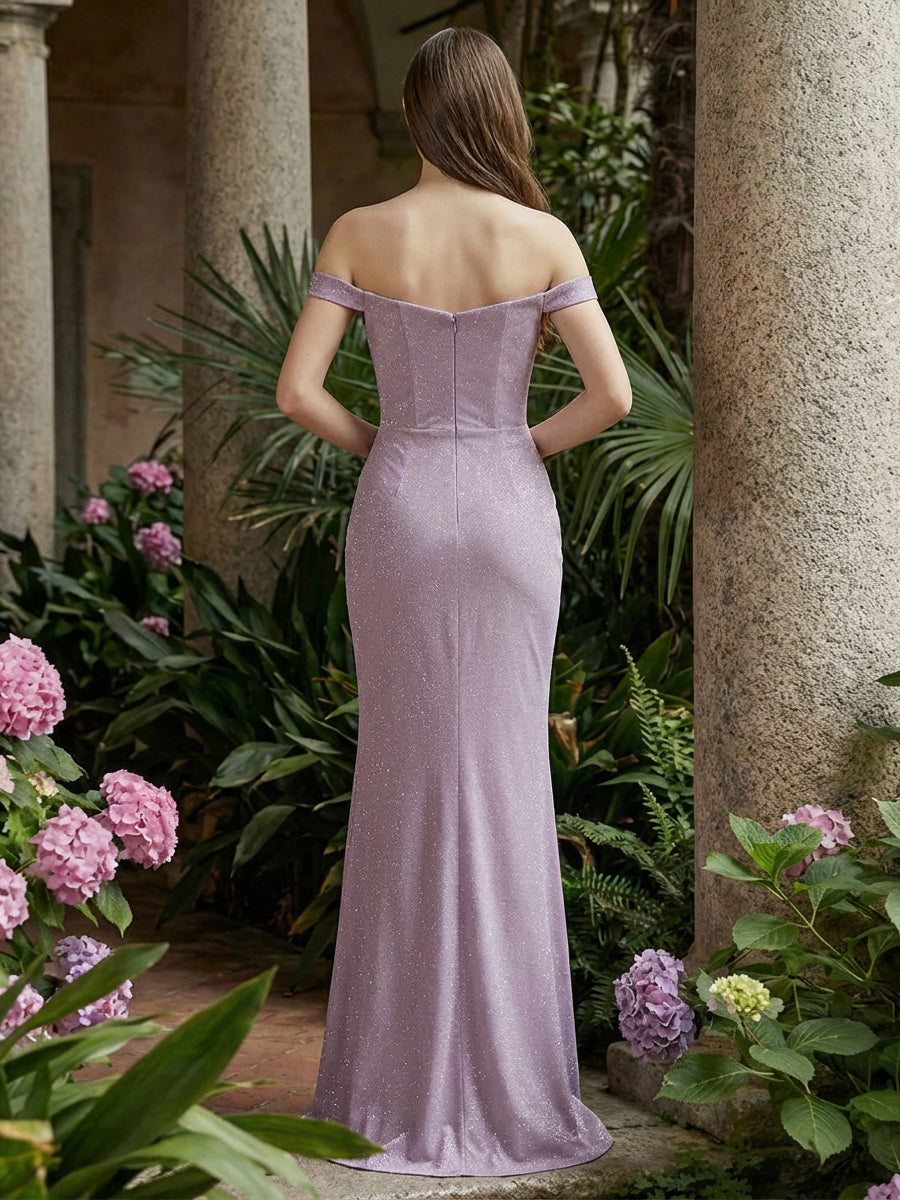 Off Shoulder Glitter Prom Dresses Maxi Formal Gowns with Pleats