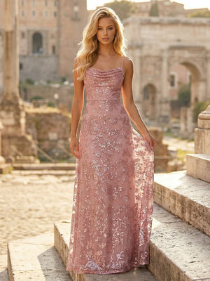 Spaghetti Straps Sequin Prom Dresses Maxi Formal Gowns with Pleats