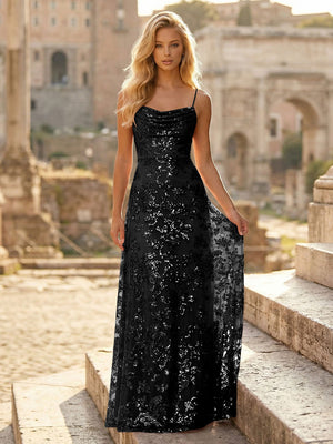 Spaghetti Straps Sequin Formal Dresses Maxi Formal Gowns with Pleats