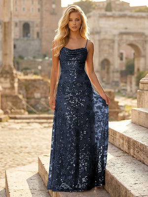 Spaghetti Straps Sequin Formal Dresses Maxi Formal Gowns with Pleats