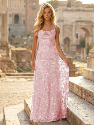 Spaghetti Straps Sequin Formal Dresses Maxi Formal Gowns with Pleats