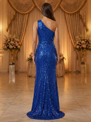 One Shoulder Sequin Prom Dresses Pleated Maxi Formal Gowns