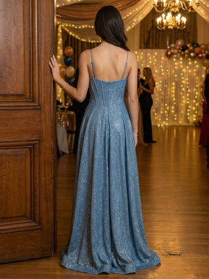 Spaghetti Straps Glitter Prom Dresses Pleated Maxi Formal Gowns