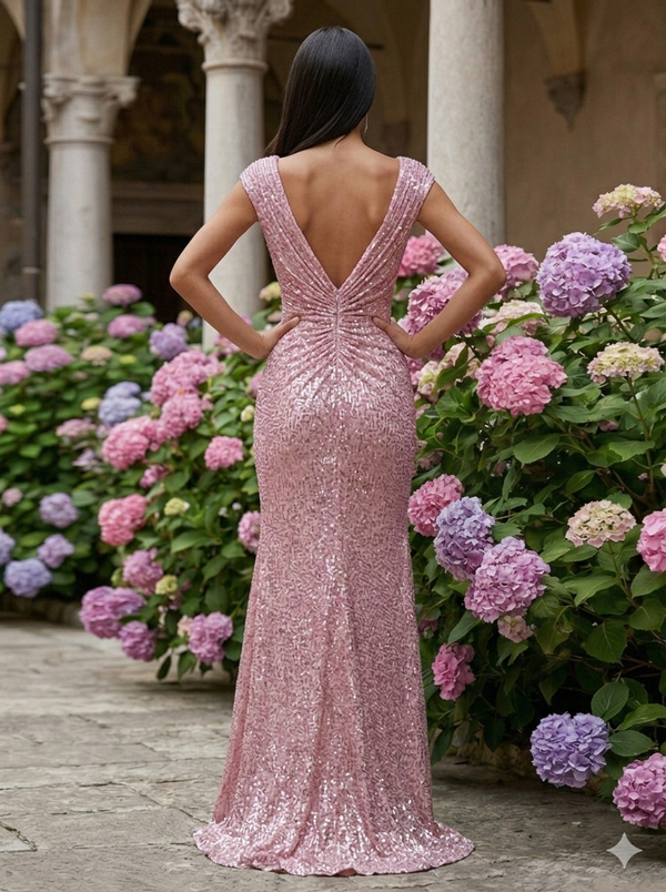 V Neck Sequin Prom Dresses Maxi Evening Gowns with Slit