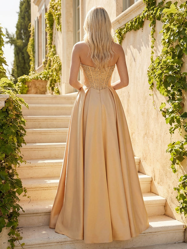 Strapless Satin Sweetheart Prom Dresses Maxi Evening Gowns