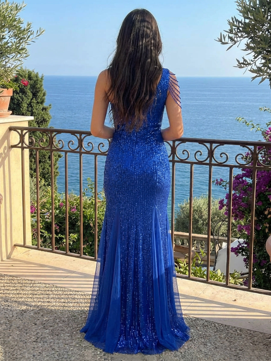 One Shoulder Sequin Prom Dresses Maxi Evening Gowns