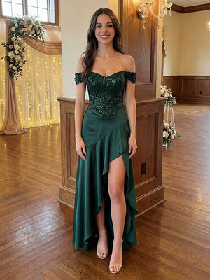 Off Shoulder Satin Prom Dresses Pleated Maxi Evening Gowns