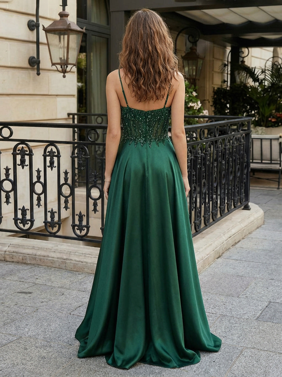 Spaghetti Straps Satin Prom Dresses Pleated Maxi Evening Gowns