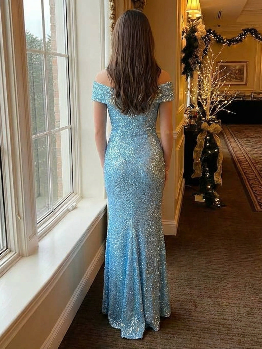 Off Shoulder Sequin Prom Dresses Pleated Maxi Evening Gowns