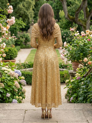 Cape Sleeves Sequin Prom Dresses Pleated Evening Dresses