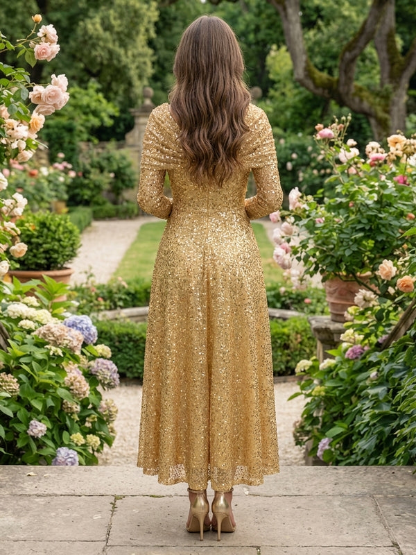 Cape Sleeves Sequin Prom Dresses Pleated Evening Dresses