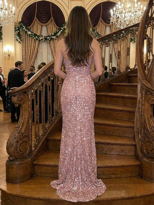 Strapless Sequin Prom Dresses Maxi Evening Gowns with Slit