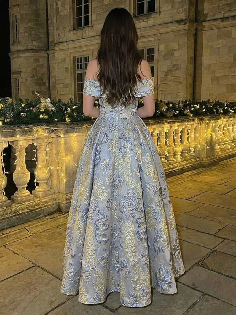 Off Shoulder Jacquard Prom Dresses A Line Evening Gowns