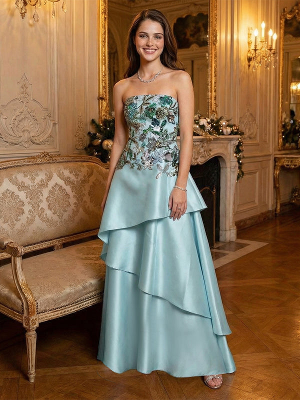Strapless Satin Layered Formal Dresses with Floral Embroidery