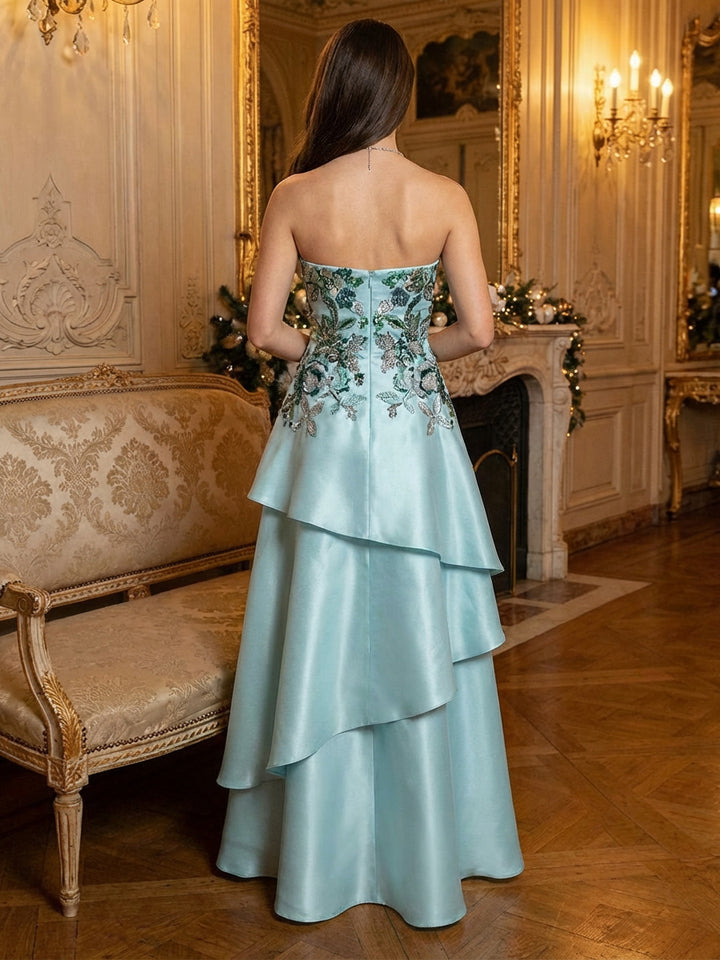 Strapless Satin Layered Formal Dresses with Floral Embroidery