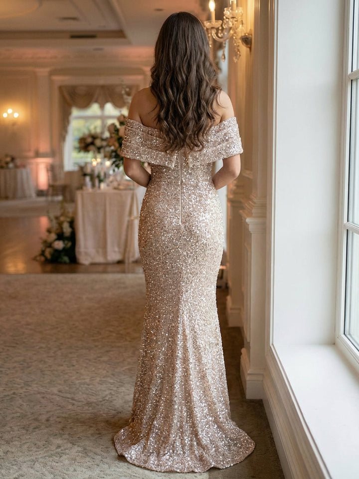 Off the Shoulder Sequin Evening Dresses Maxi Gowns